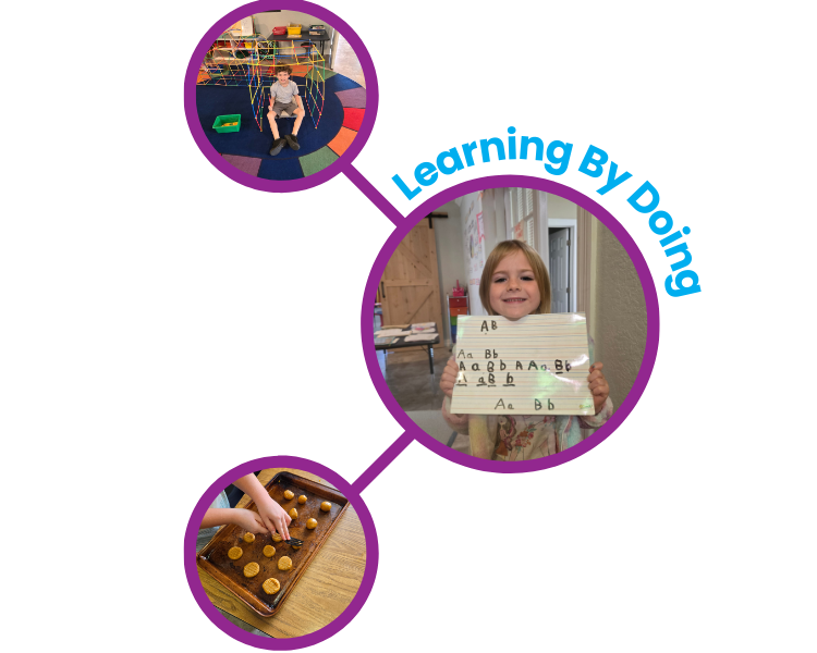 Students engaged in hands-on learning activities including building blocks, letter recognition, and tactile learning